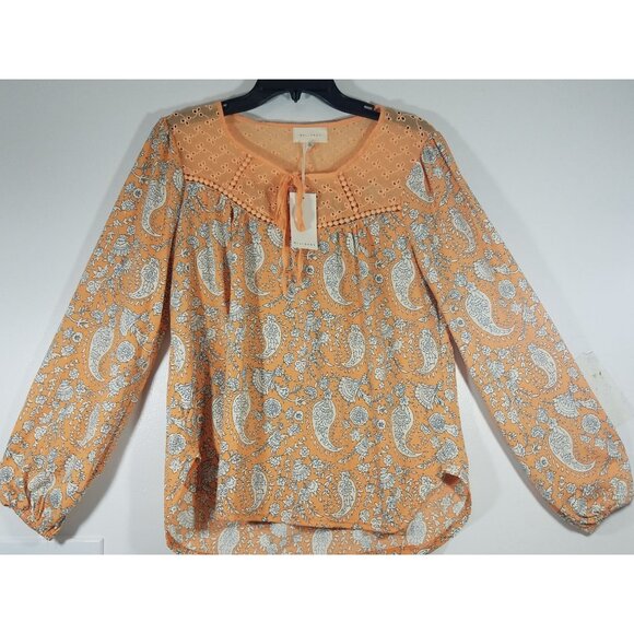 Melloday Paisley Print Peach Blouse With Eyelet Design & Tie Neckline Small - Picture 5 of 10
